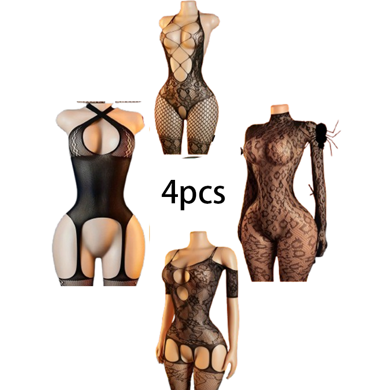 Conjunto de lencería sexy de 4 - Bodystocking Fishnet reseña y precio